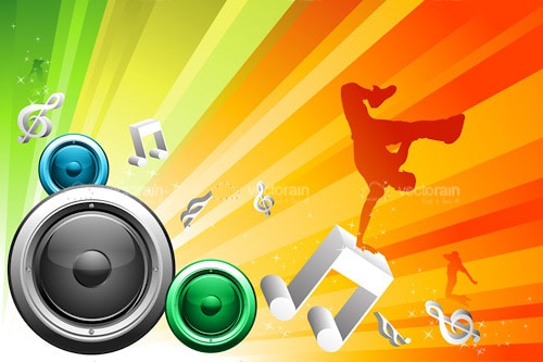 Music Themed Background with Loudspeakers and Breakdancer Silhouette